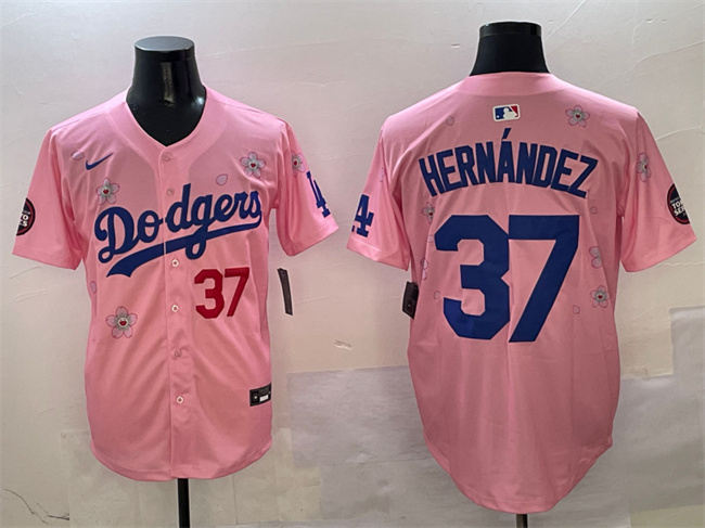 Men's Pink Los Angeles Dodgers #37 Teoscar Hernández 2025 Tokyo Series Limited Stitched Baseball Jersey